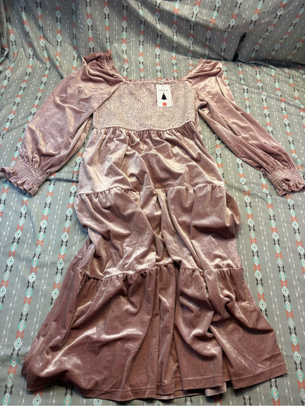 🍄NWT Dusty Rose Long Sleeve Velvet Tiered Maxi Dress